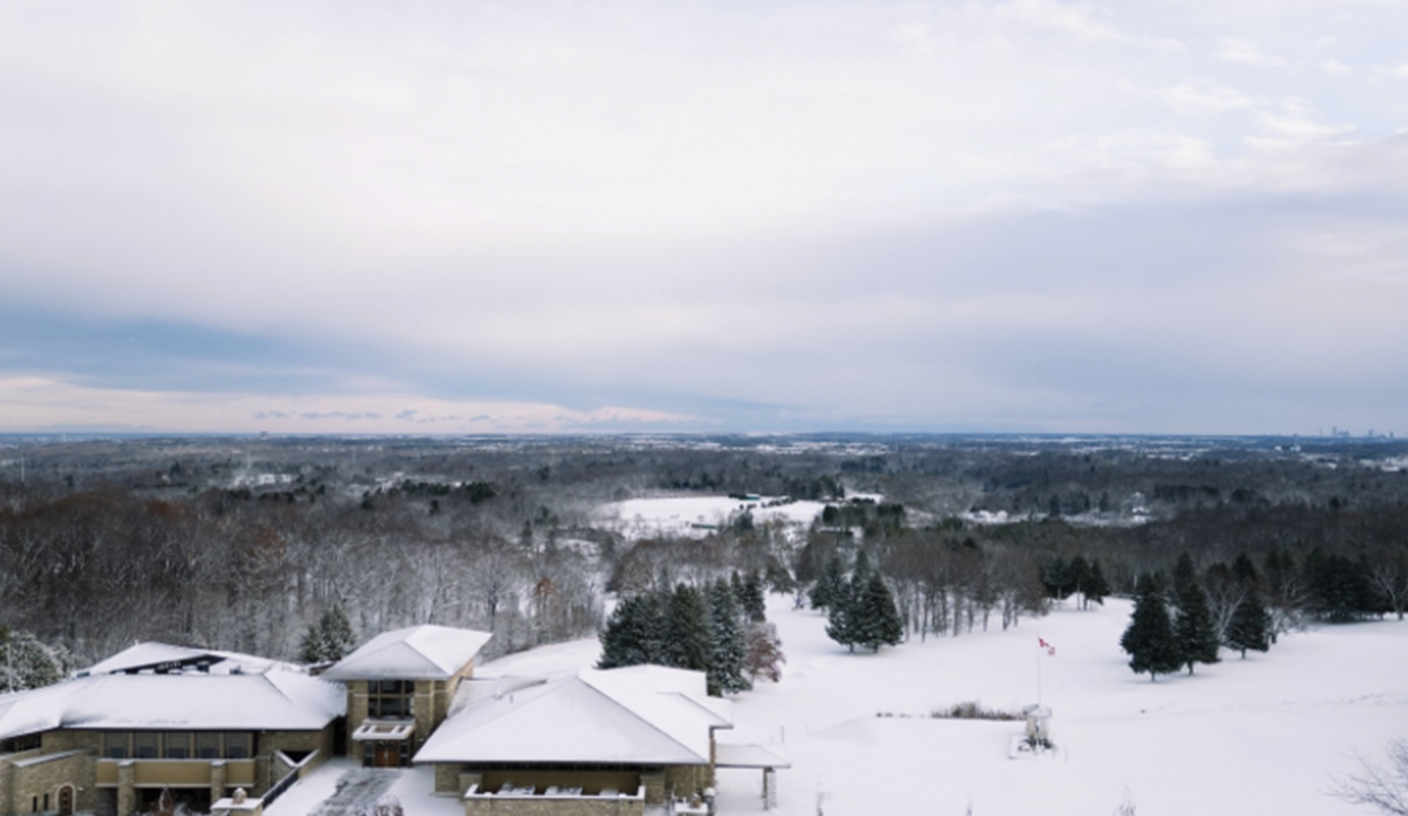 Snow-covered fields and escarpment views in Pelham, Ontario